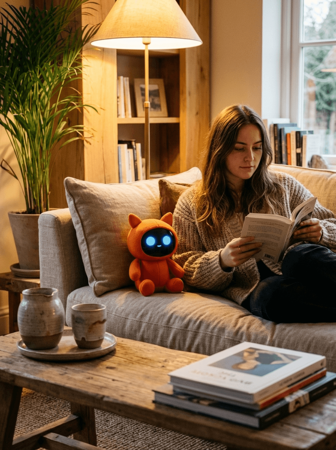 A Friend companion sitting on a couch next to a woman reading a book in a cozy living room